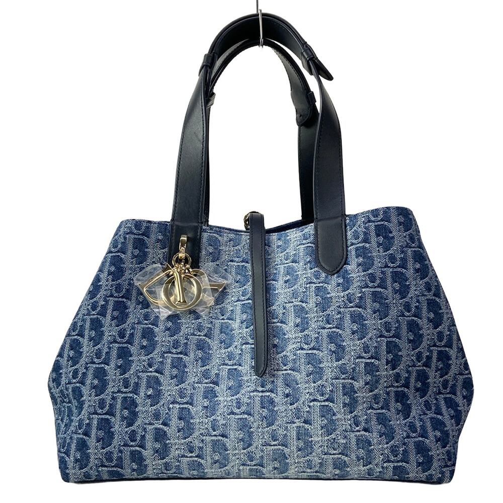 Christian Dior Toujours Bag Medium Tote Bag Blue Dark Navy Jacquard Leather